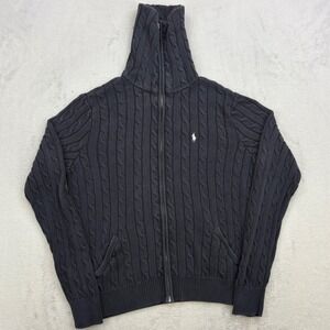 Ralph Lauren Sport Cardigan Women XL Black Cable Knit Full Zip Mock Neck Sweater